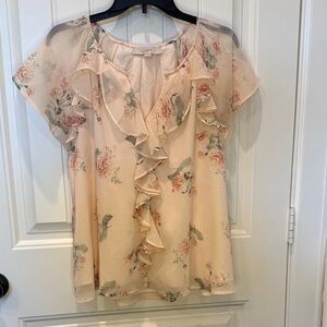 LOFT Floral Ruffle Blouse - Cream and Peach